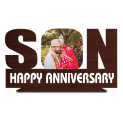 "Celebrate Togetherness: Wooden Son Happy Anniversary Photo Frame Gift Stand - Personalized Elegance"