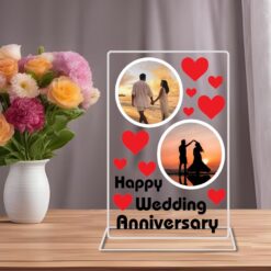 "Harmony in Happiness: Personalized Acrylic Glass Frame Stand for Happy Anniversaries"